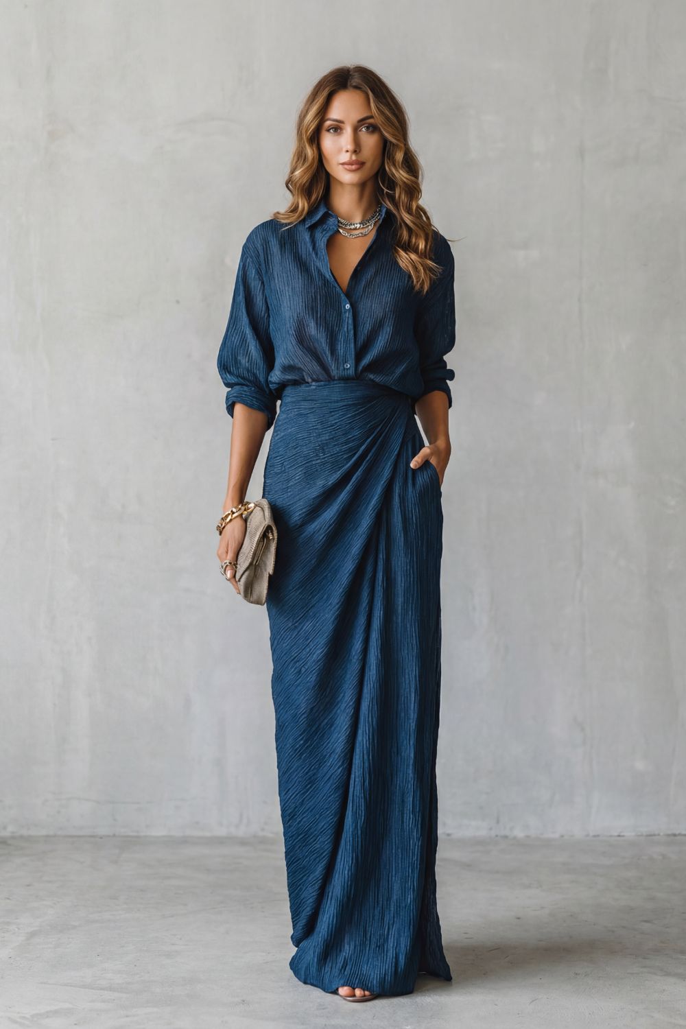 Completo donna a due pezzi plissettato e drappeggiato