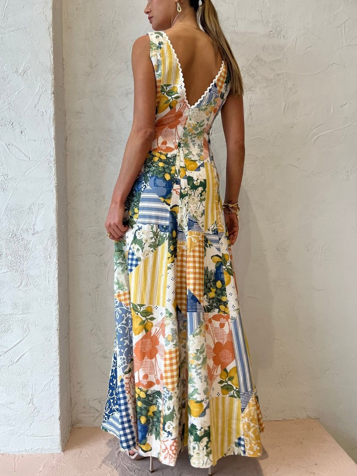 Women's Patchwork V-Neck Maxi Dress for Elegant Summer Occasions