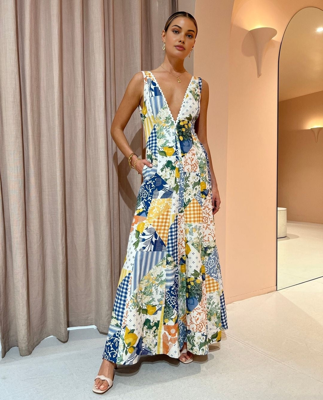 Women's Patchwork V-Neck Maxi Dress for Elegant Summer Occasions