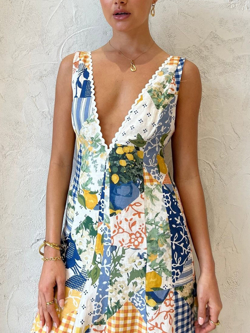 Women's Patchwork V-Neck Maxi Dress for Elegant Summer Occasions