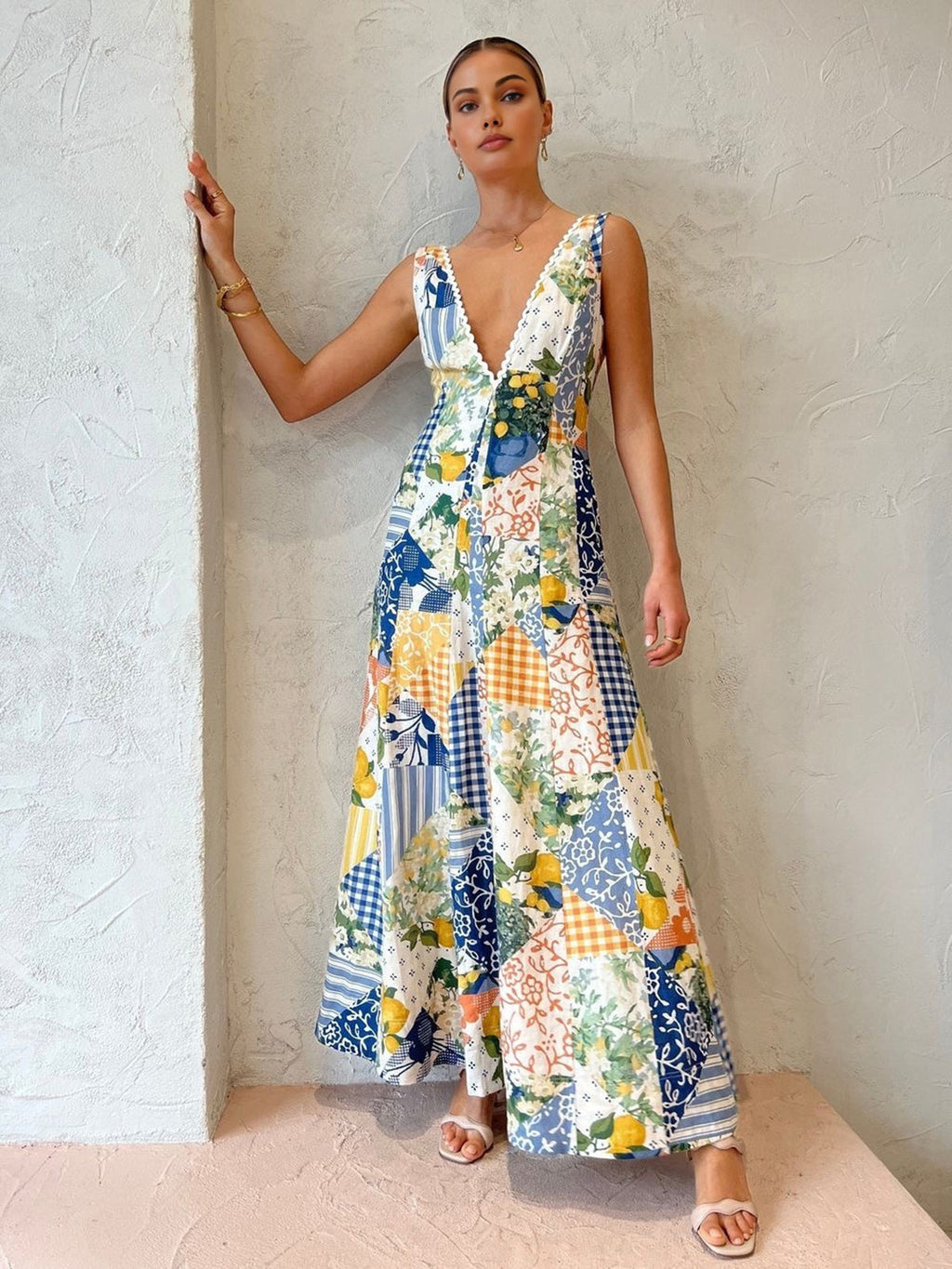Women's Patchwork V-Neck Maxi Dress for Elegant Summer Occasions