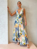 Damen Patchwork V-Ausschnitt Maxikleid für elegante Sommeranlässe