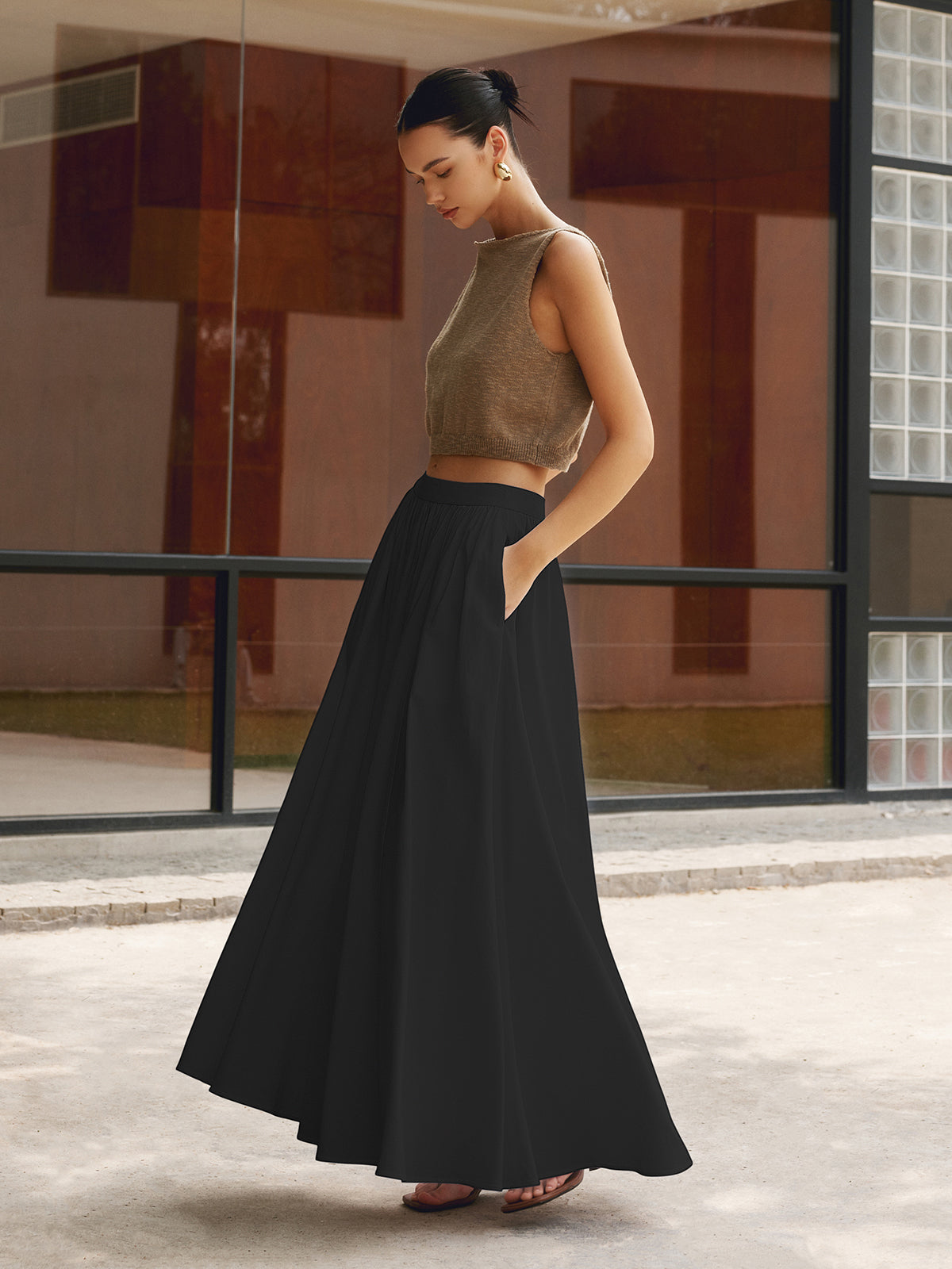 Women Pleated Maxi Skirt with High Waist and Elegant Flowing Fit