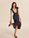 Women's Polka Dot Lace Trim Midi Dress with Plunging V-Neck and Puff Sleeves
