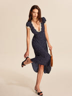 Women's Polka Dot Lace Trim Midi Dress with Plunging V-Neck and Puff Sleeves