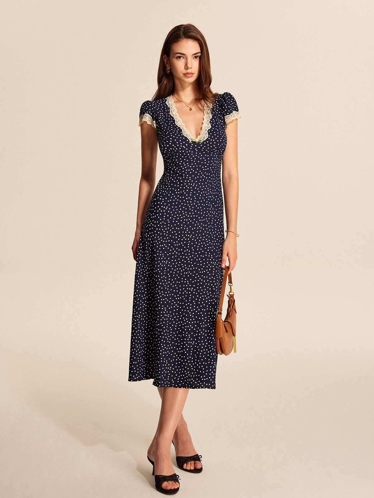 Women's Polka Dot Lace Trim Midi Dress with Plunging V-Neck and Puff Sleeves