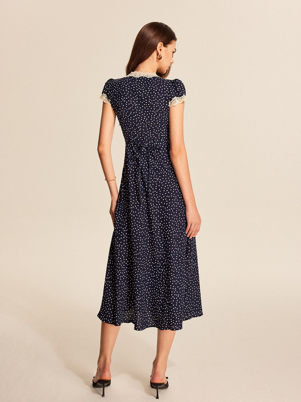 Women's Polka Dot Lace Trim Midi Dress with Plunging V-Neck and Puff Sleeves