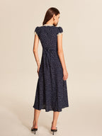 Women's Polka Dot Lace Trim Midi Dress with Plunging V-Neck and Puff Sleeves