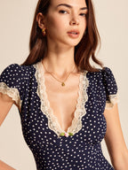 Women's Polka Dot Lace Trim Midi Dress with Plunging V-Neck and Puff Sleeves