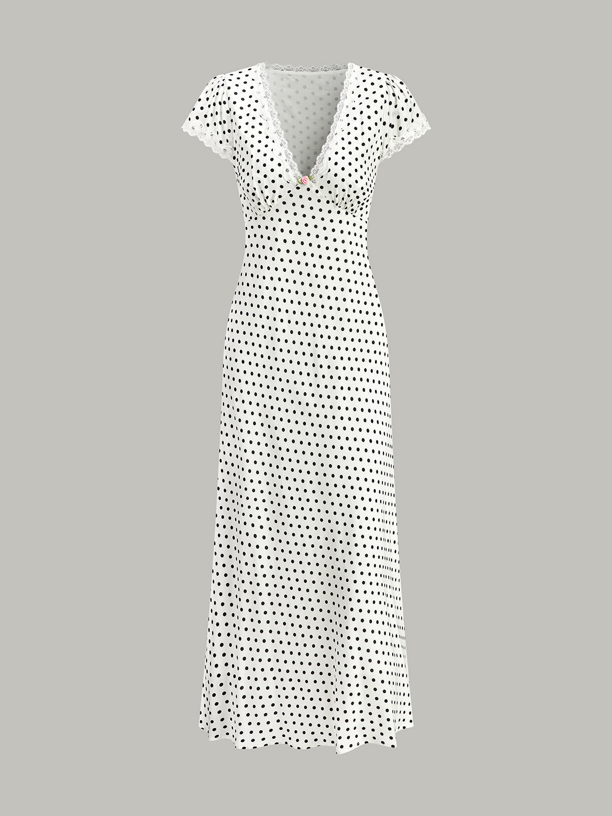 Damen-Midikleid mit Polka-Dots, Spitzenbesatz, tiefem V-Ausschnitt und Puffärmeln