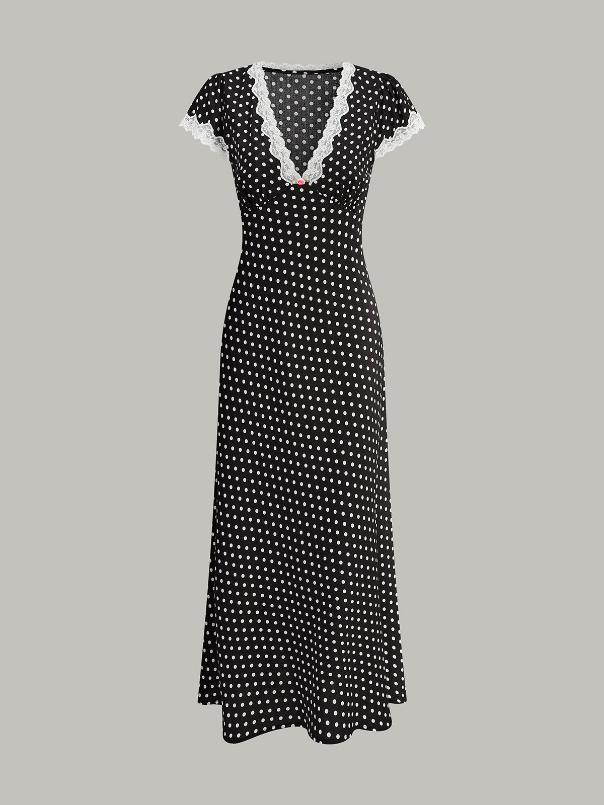 Damen-Midikleid mit Polka-Dots, Spitzenbesatz, tiefem V-Ausschnitt und Puffärmeln
