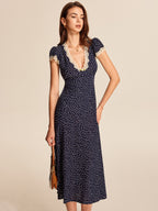 Women's Polka Dot Lace Trim Midi Dress with Plunging V-Neck and Puff Sleeves