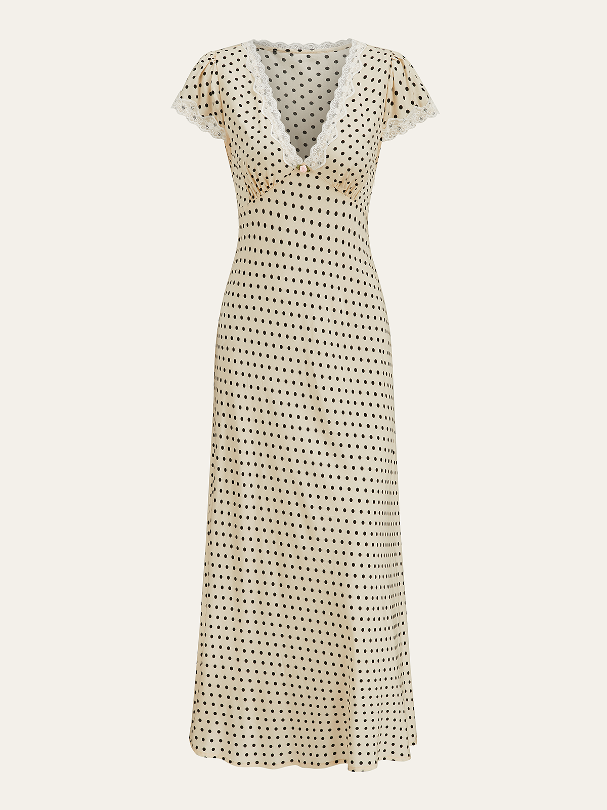 Damen-Midikleid mit Polka-Dots, Spitzenbesatz, tiefem V-Ausschnitt und Puffärmeln