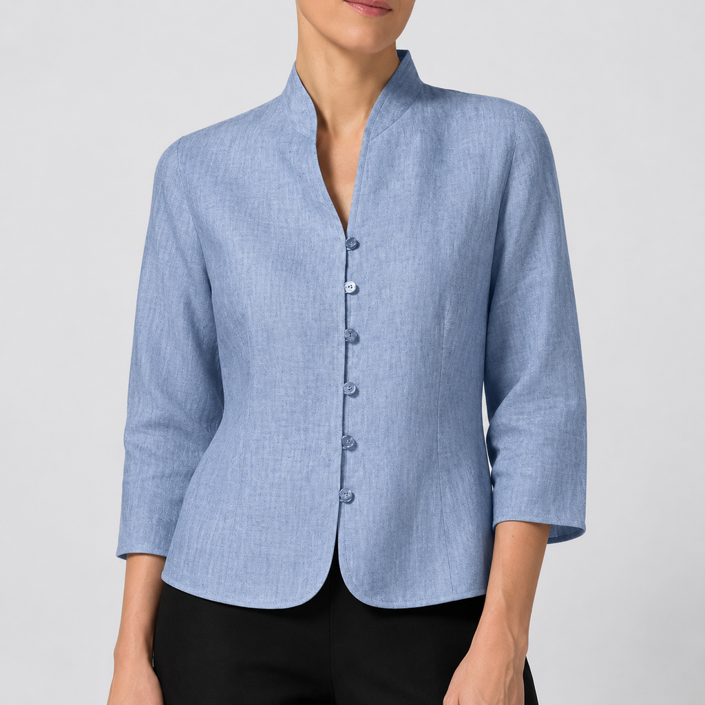Damenblazer mit Mandarin-Kragen, Knopfleiste und dreiviertellangen Ärmeln
