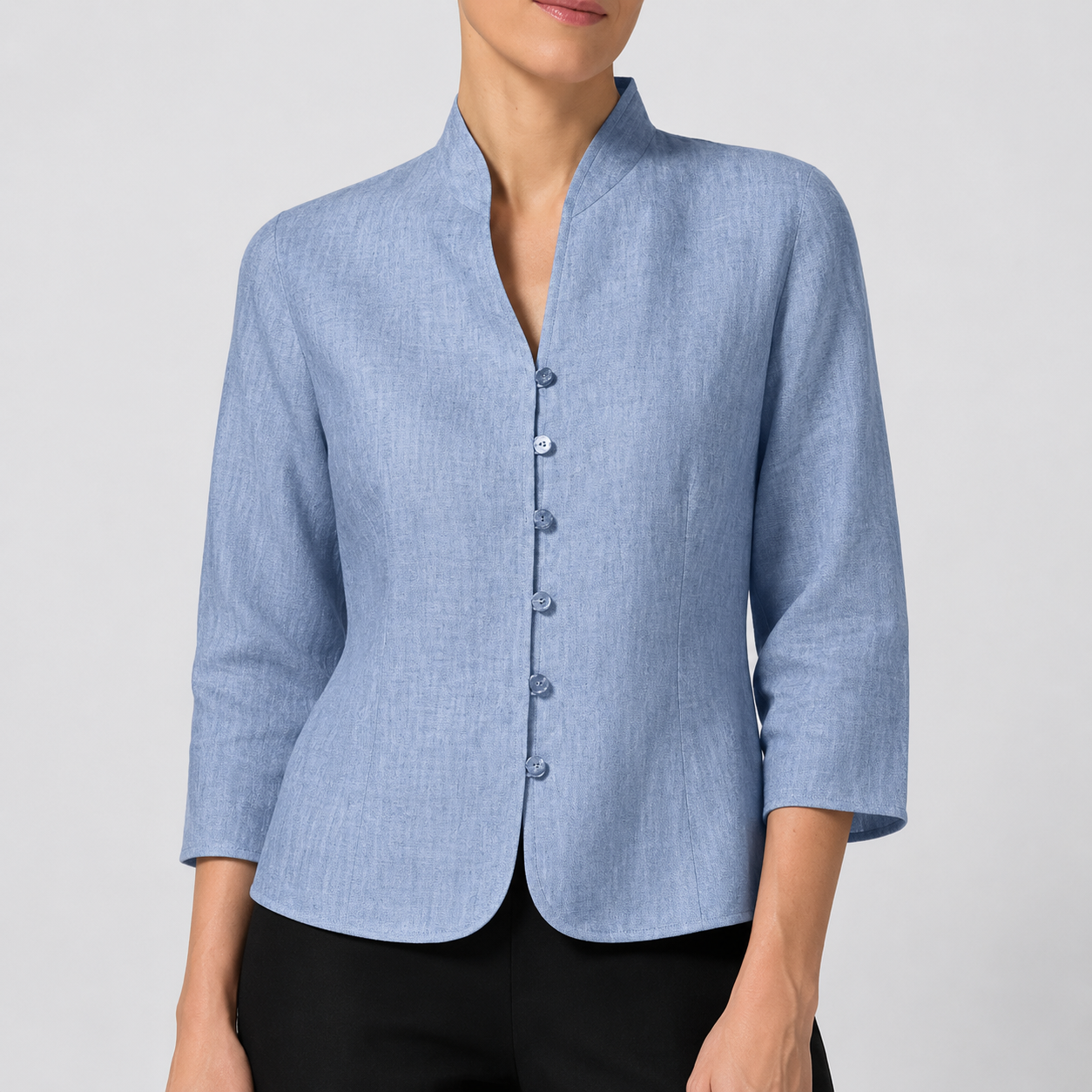 Damenblazer mit Mandarin-Kragen, Knopfleiste und dreiviertellangen Ärmeln
