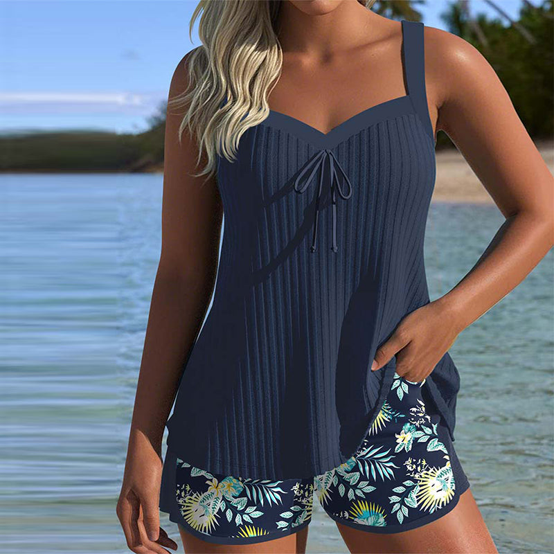 Women's Ribbed Tankini Swim Top and Tropical Print Shorts Set