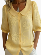 Women's Floral Embroidered Blouse with Rounded Collar and Button Front