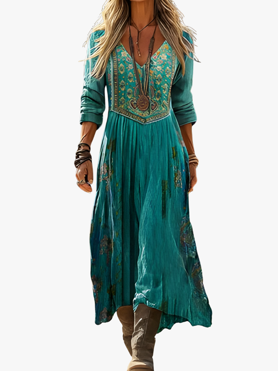 Women's Floral Midi Dress with Long Sleeves and V-Neck for Everyday Wear