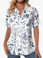 Women's Botanical Print Blouse with Short Sleeves and Button-Front Design