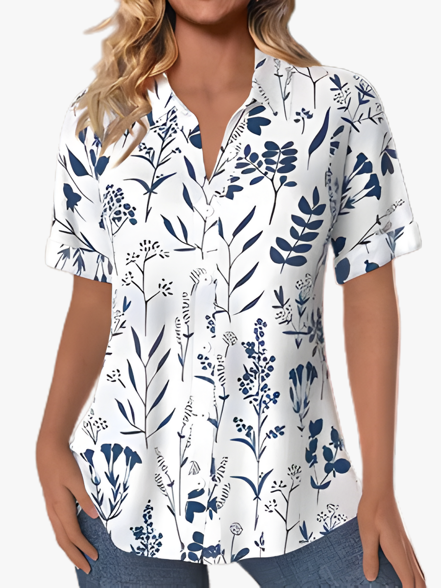 Women's Botanical Print Blouse with Short Sleeves and Button-Front Design