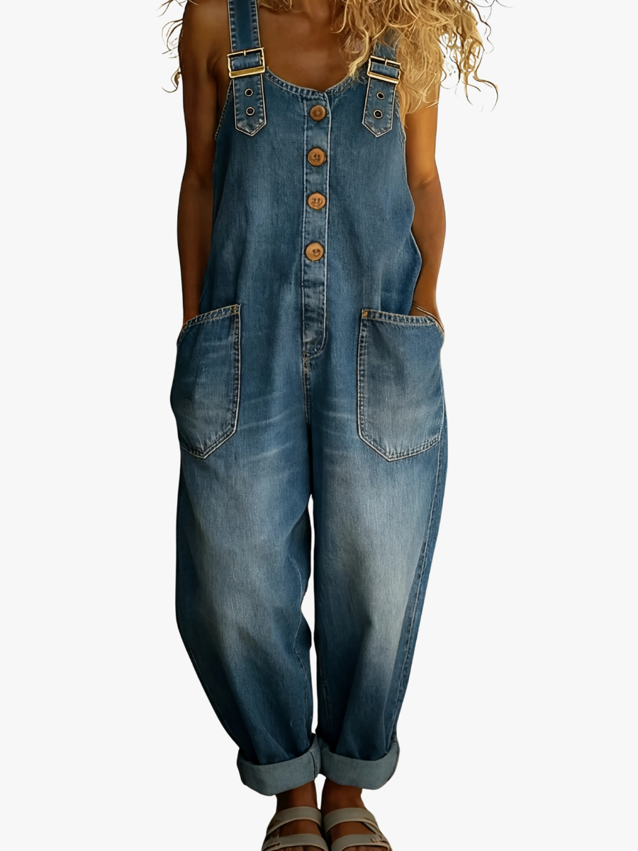 Women's Denim Dungaree Jumpsuit with Adjustable Straps and Front Pockets