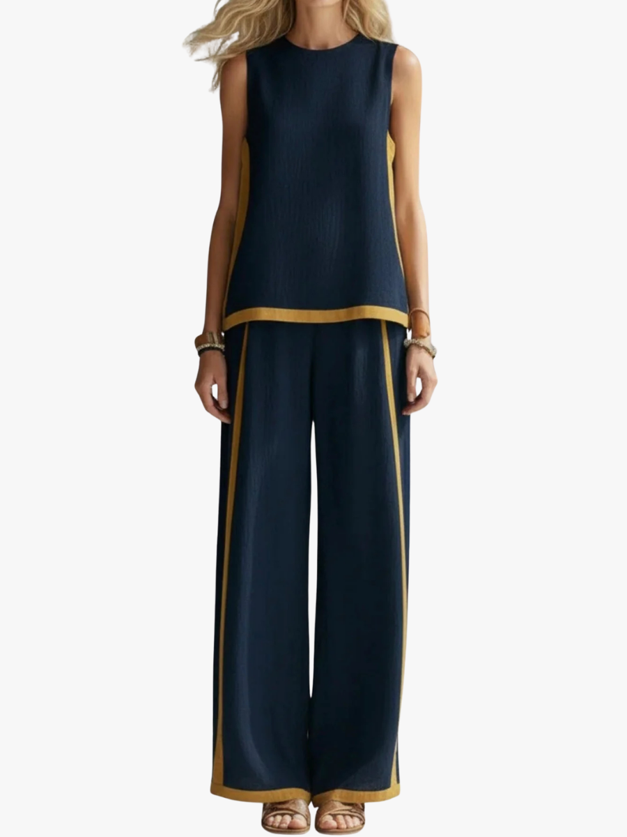 Women's Sleeveless Contrast Trim Top and Wide Leg Trouser Set