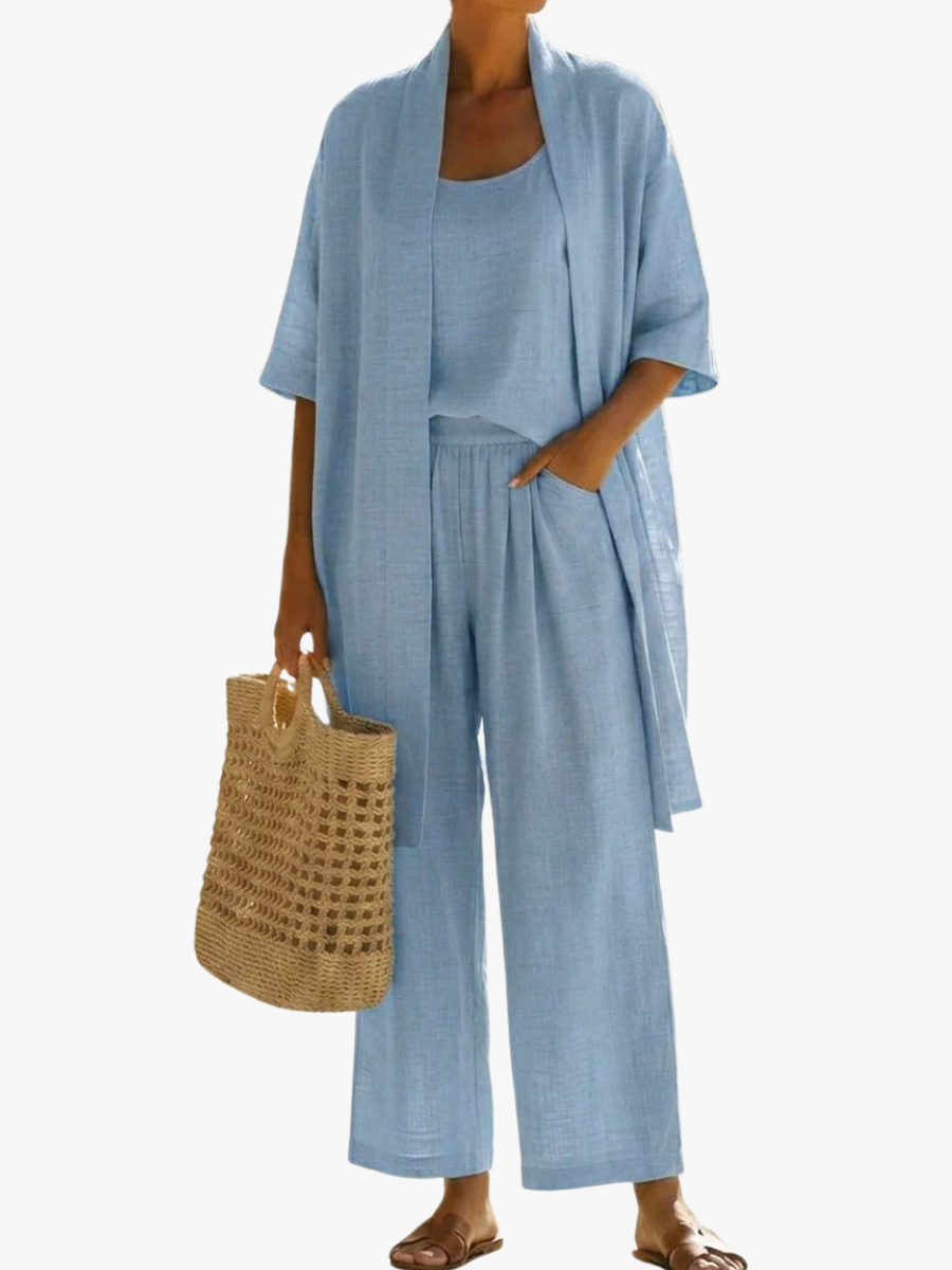 Women's Three Piece Open Front Cardigan Lounge Set with Wide Leg Trousers