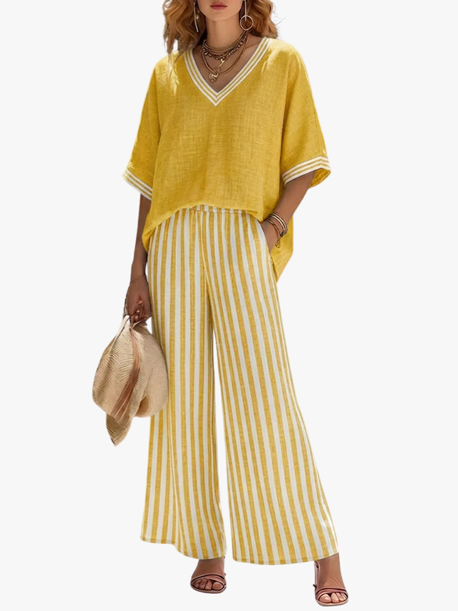 Women's V Neck Oversized Top and Striped Wide Leg Trouser Set