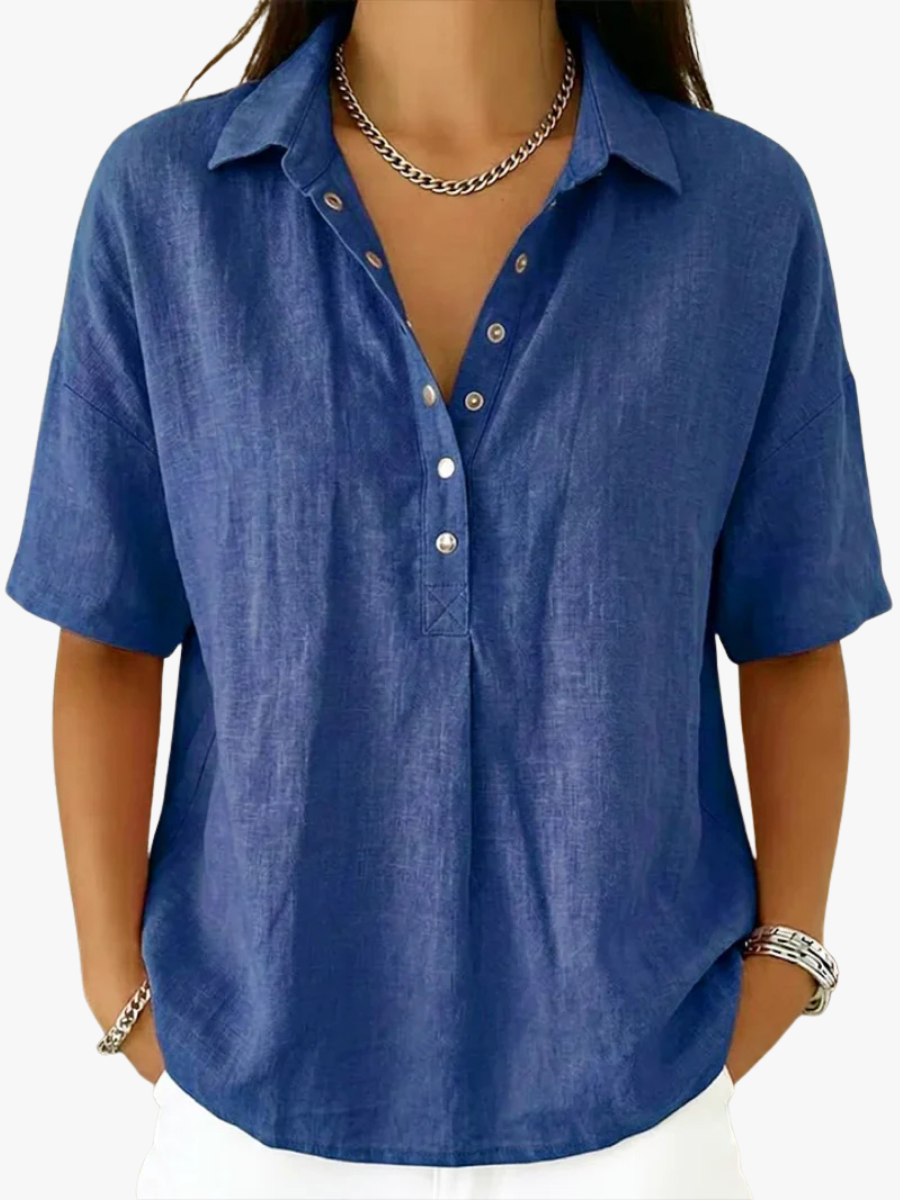 Women's Cotton Linen Blouse with Short Sleeves and Collared V-Neck
