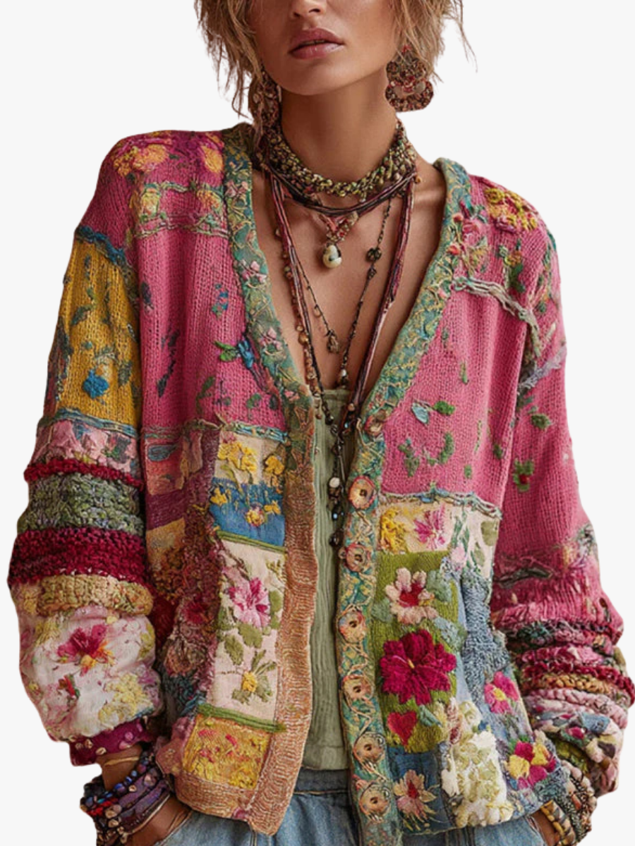 Women's Patchwork Floral Cardigan with V-Neck and Button Front
