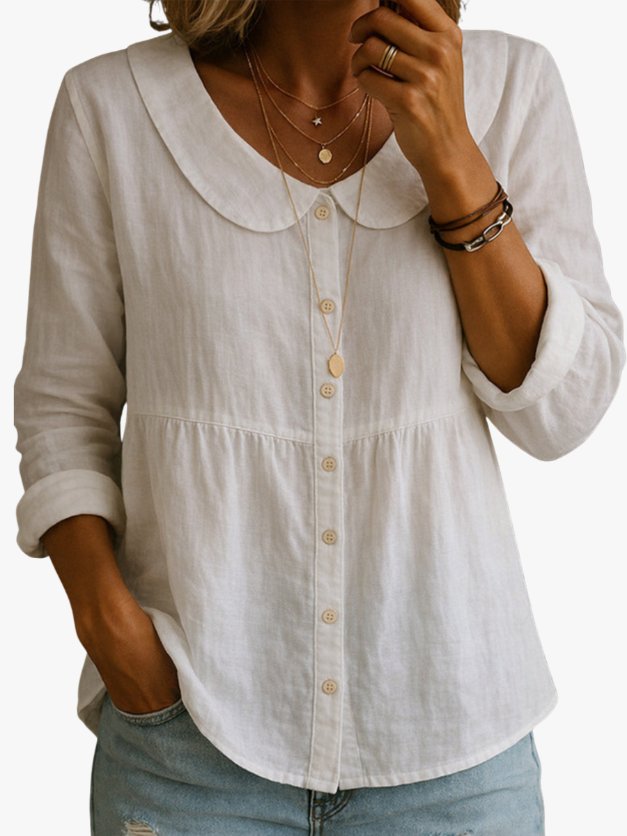 Women's Cotton Linen Blouse with Rounded Collar and Button-Front Design