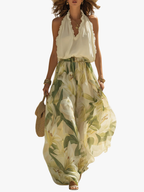 Women's Floral Two-Piece Set with Halterneck Top and Maxi Skirt