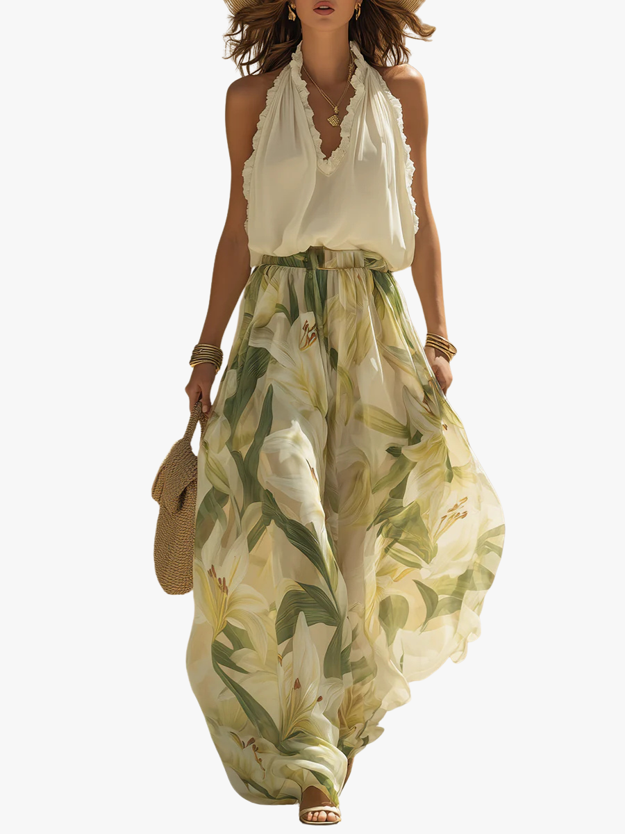 Women's Floral Two-Piece Set with Halterneck Top and Maxi Skirt