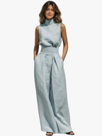 Women's Linen Blend Two-Piece Set with High-Neck Top and Wide-Leg Trousers