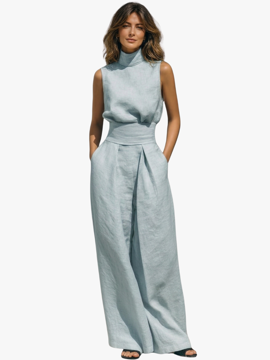 Women's Linen Blend Two-Piece Set with High-Neck Top and Wide-Leg Trousers