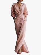 Women's Draped Wrap V Neck Maxi Dress with Twist Waist Detail