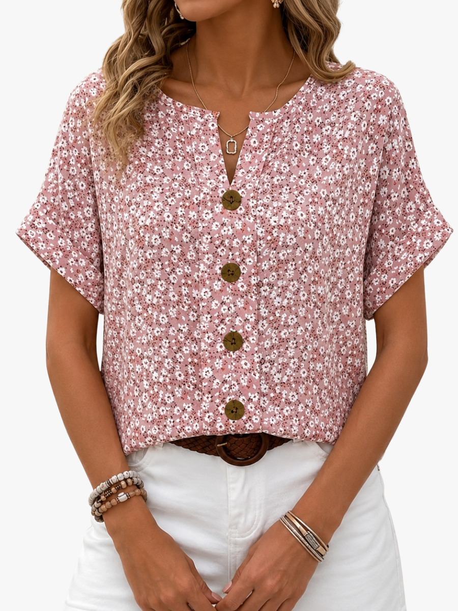 Women's Floral Print Button Front Casual Blouse with Split Neck