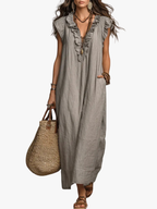 Women's Casual Ruffle Trim V Neck Maxi Dress with Practical Side Pockets