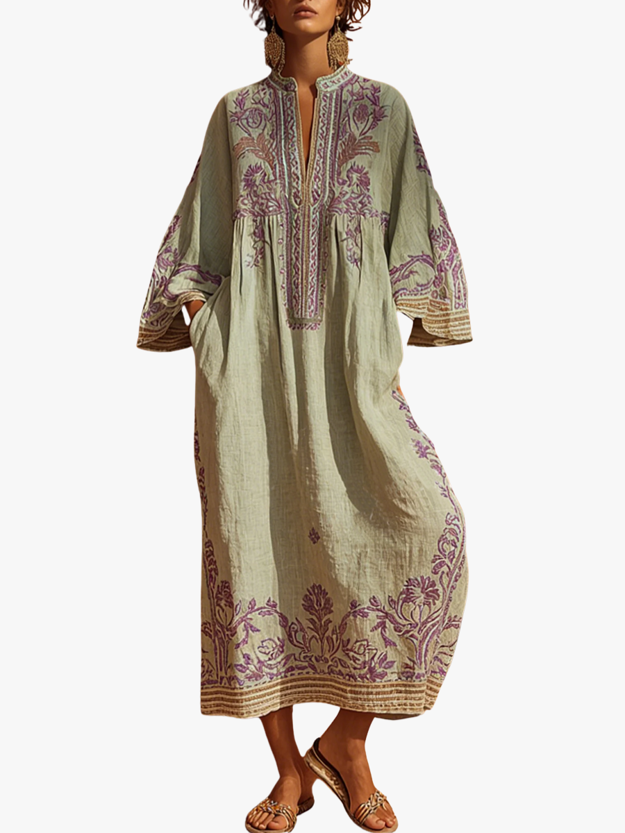 Women's Bohemian Printed Split Neck Maxi Dress with Side Pockets