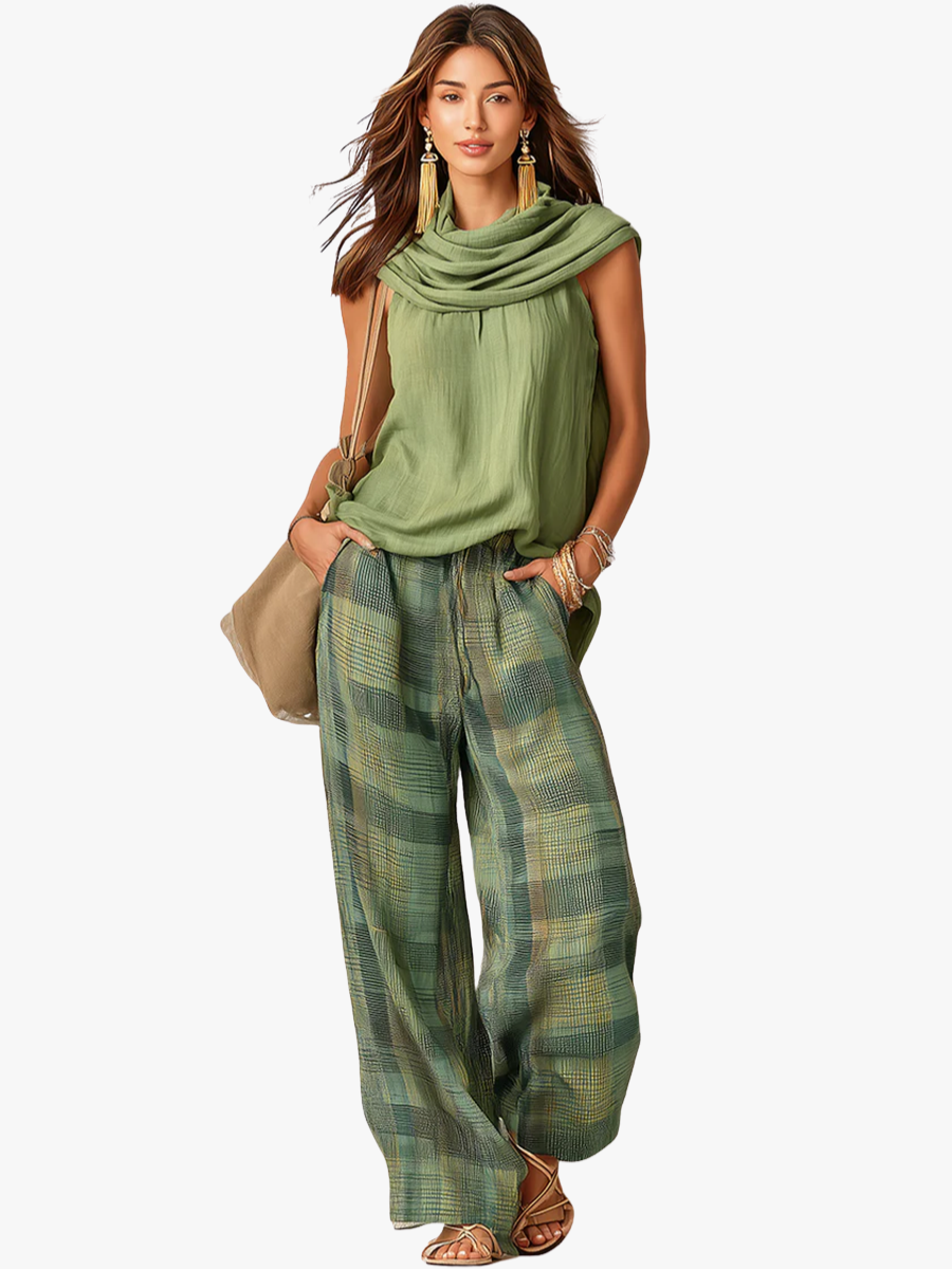 Women's Sleeveless Draped Neck Top and Plaid Wide Leg Trousers Set