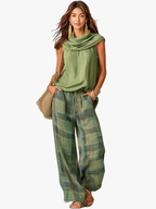 Women's Sleeveless Draped Neck Top and Plaid Wide Leg Trousers Set
