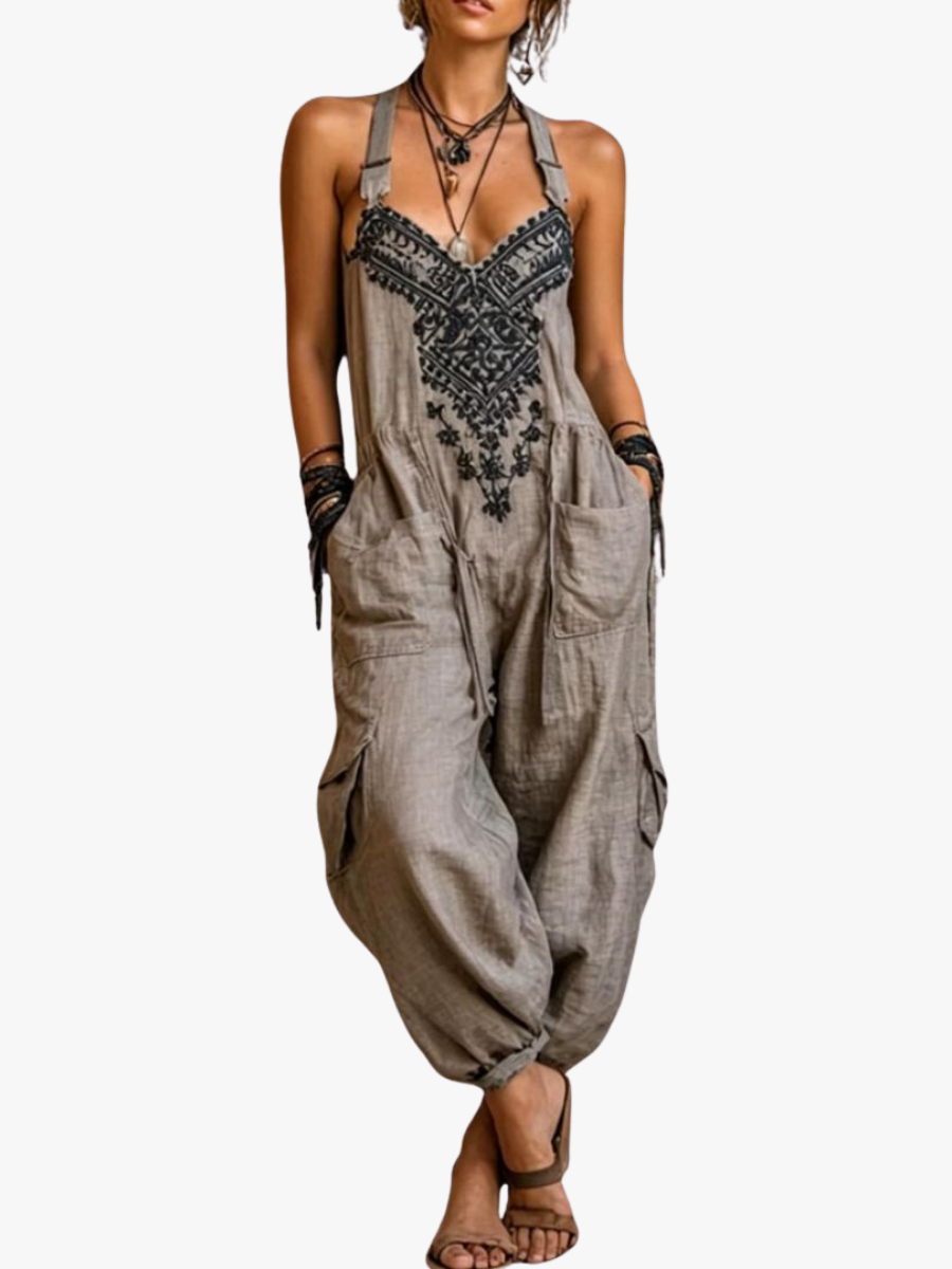 Women's Bohemian Embroidered Harem Jumpsuit with Adjustable Shoulder Straps