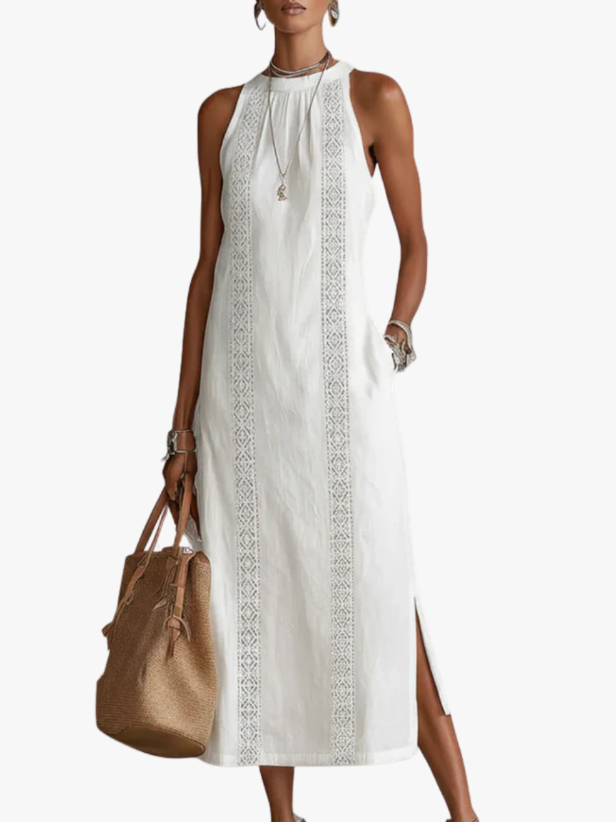 Women's Sleeveless Midi Dress with Lace Panels and High Neck Design