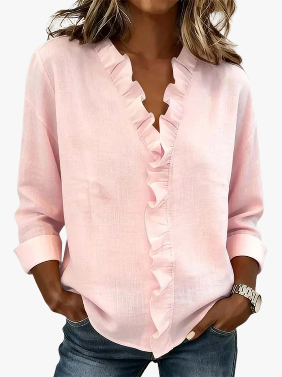 Women's Ruffle V-Neck Blouse with Long Sleeves for Elegant Everyday Wear