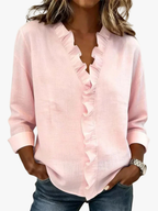 Women's Ruffle V-Neck Blouse with Long Sleeves for Elegant Everyday Wear