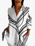 Women's Geometric Button-Front Blouse with Long Sleeves for Everyday Style