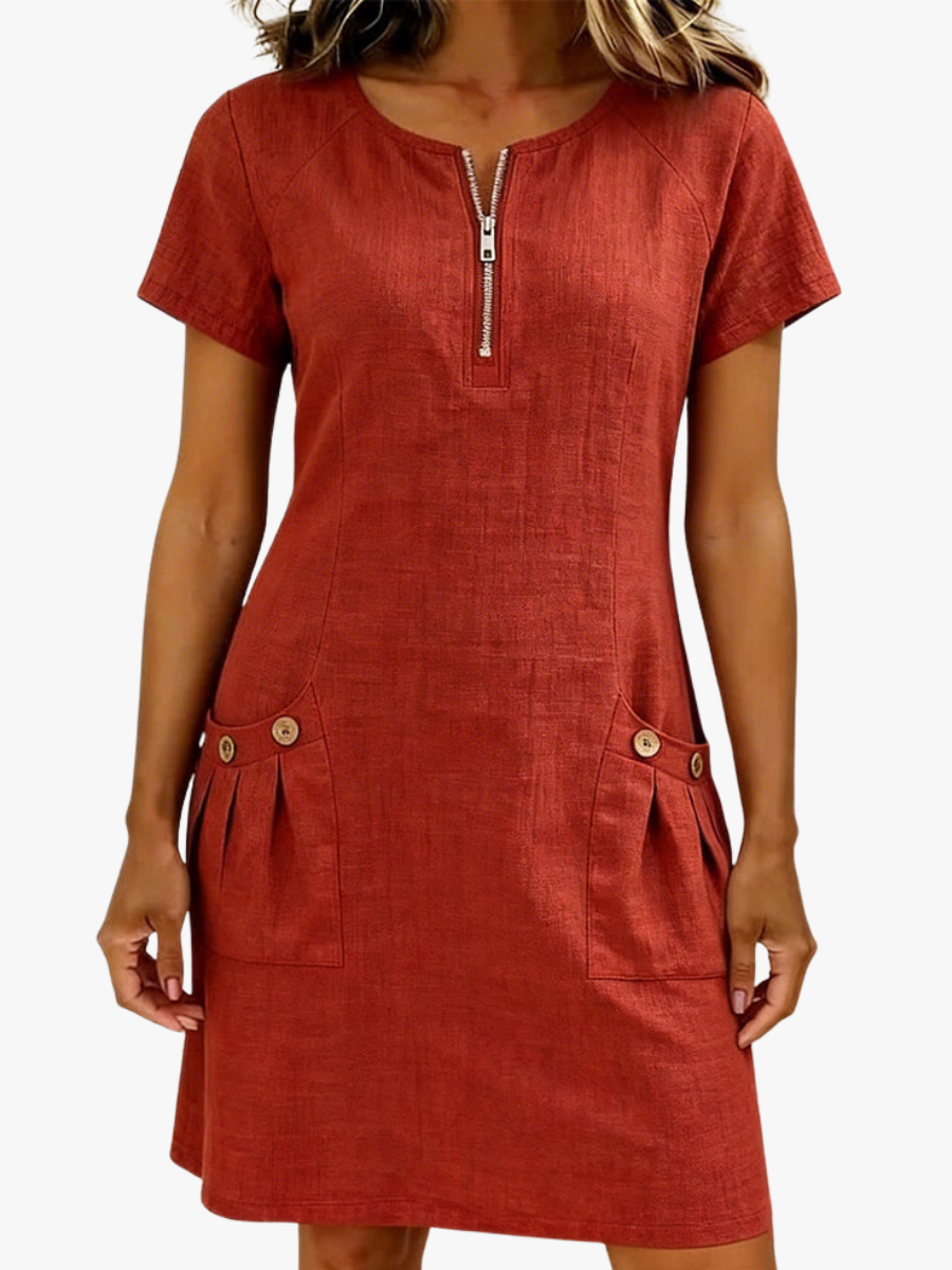 Women's Half Zip Short Sleeve Shift Dress with Decorative Pocket Details