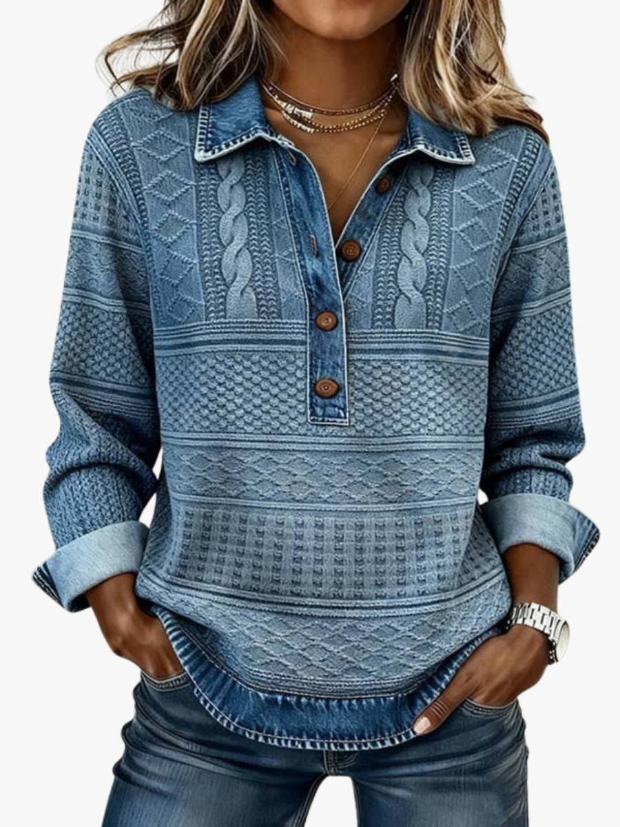 Women's Textured Long-Sleeve Blouse with Button Placket and Collar