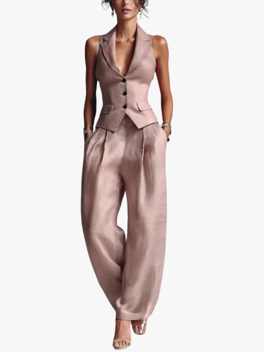 Women's Tailored Two-Piece Set with Waistcoat and Wide-Leg Trousers