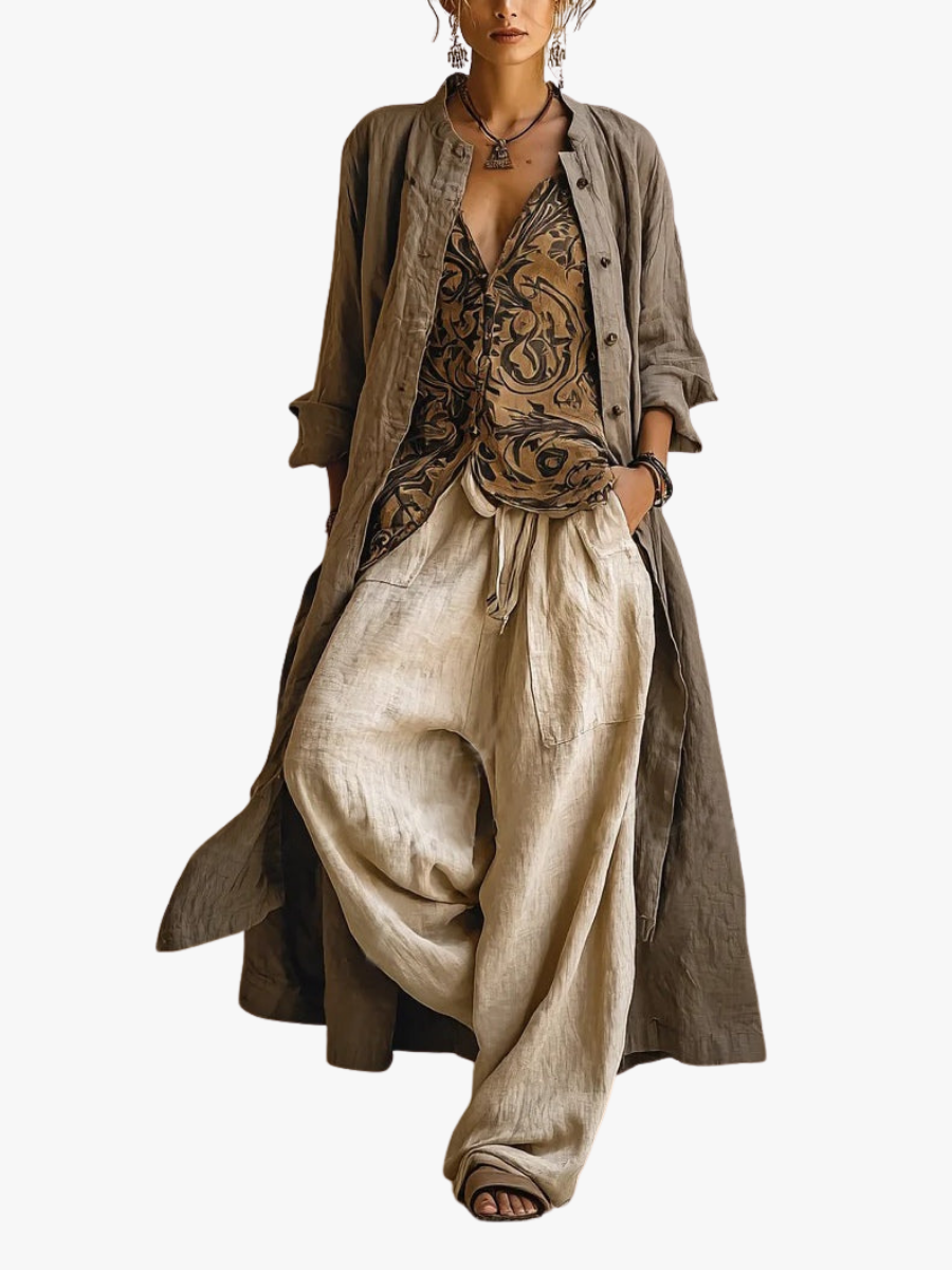 Women's Bohemian Layered Linen Blend Cardigan with Wide Leg Trousers Set